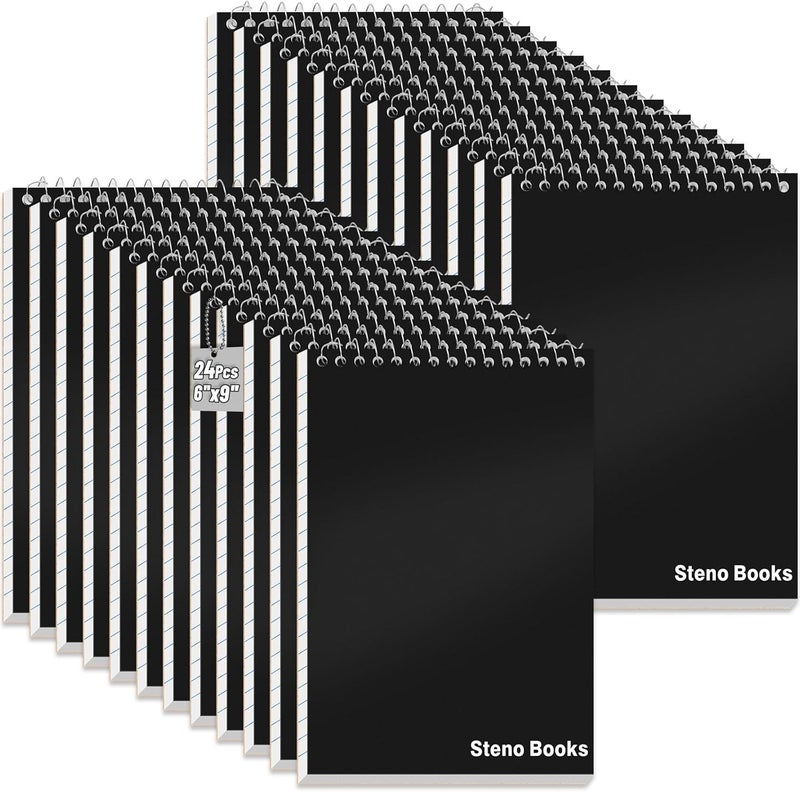 UZLU 24 Pack Steno Pads 6 x 9 in Spiral Top Notebooks Bulk Note Pads 60 Sheets Gregg Rule Writing Paper Steno Notebooks for Students Teachers Men Women Professionals Office School Recording work(Black) - Image 1